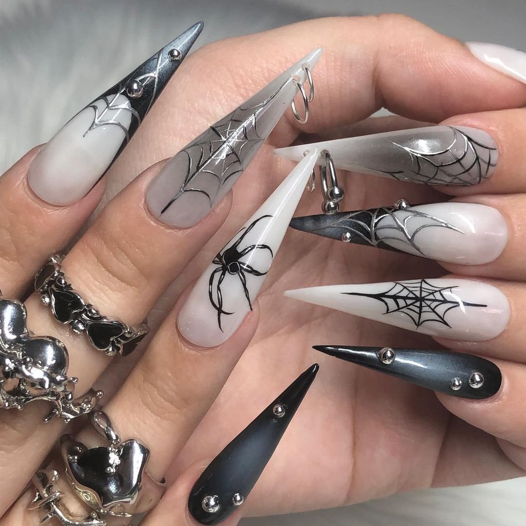 White, Gray, and Black Stiletto Web Nails
