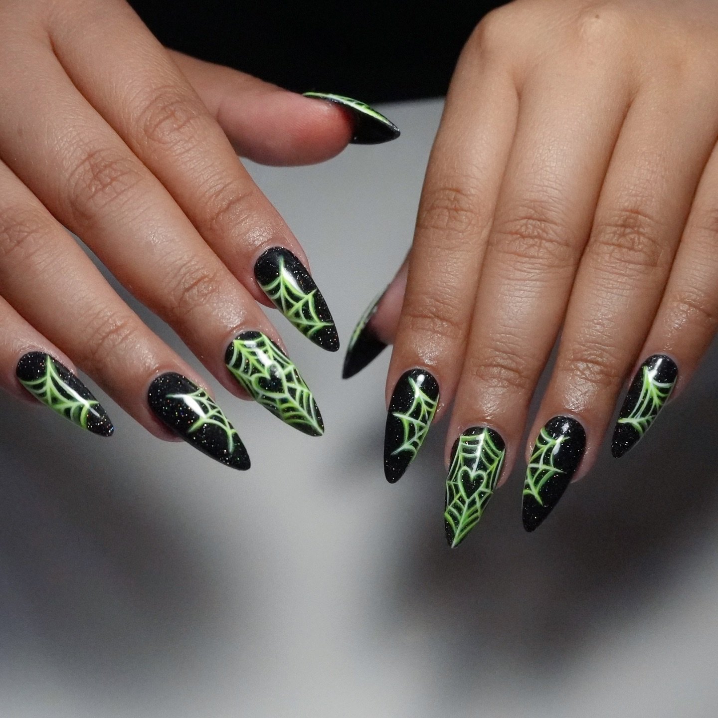 Black and Neon Green Web Nails