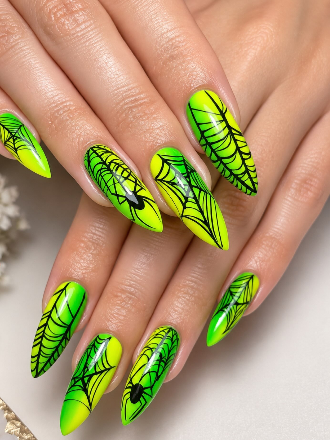 Neon Green Nails with Black Web Patterns
