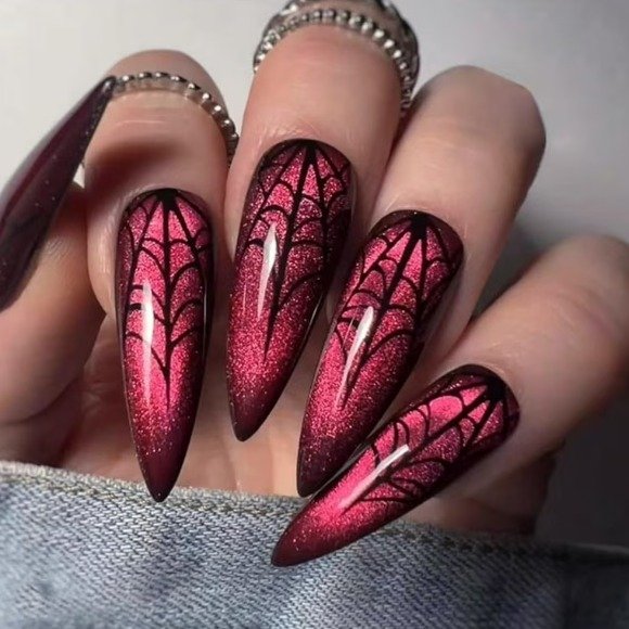 Pink and Black Spider Web Stiletto Nails