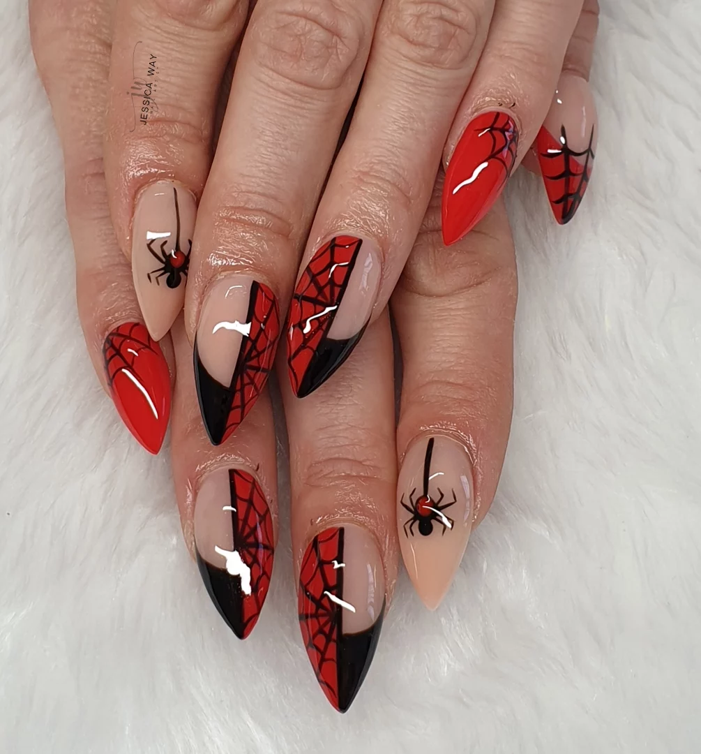 Red and Nude Spider Web Nails