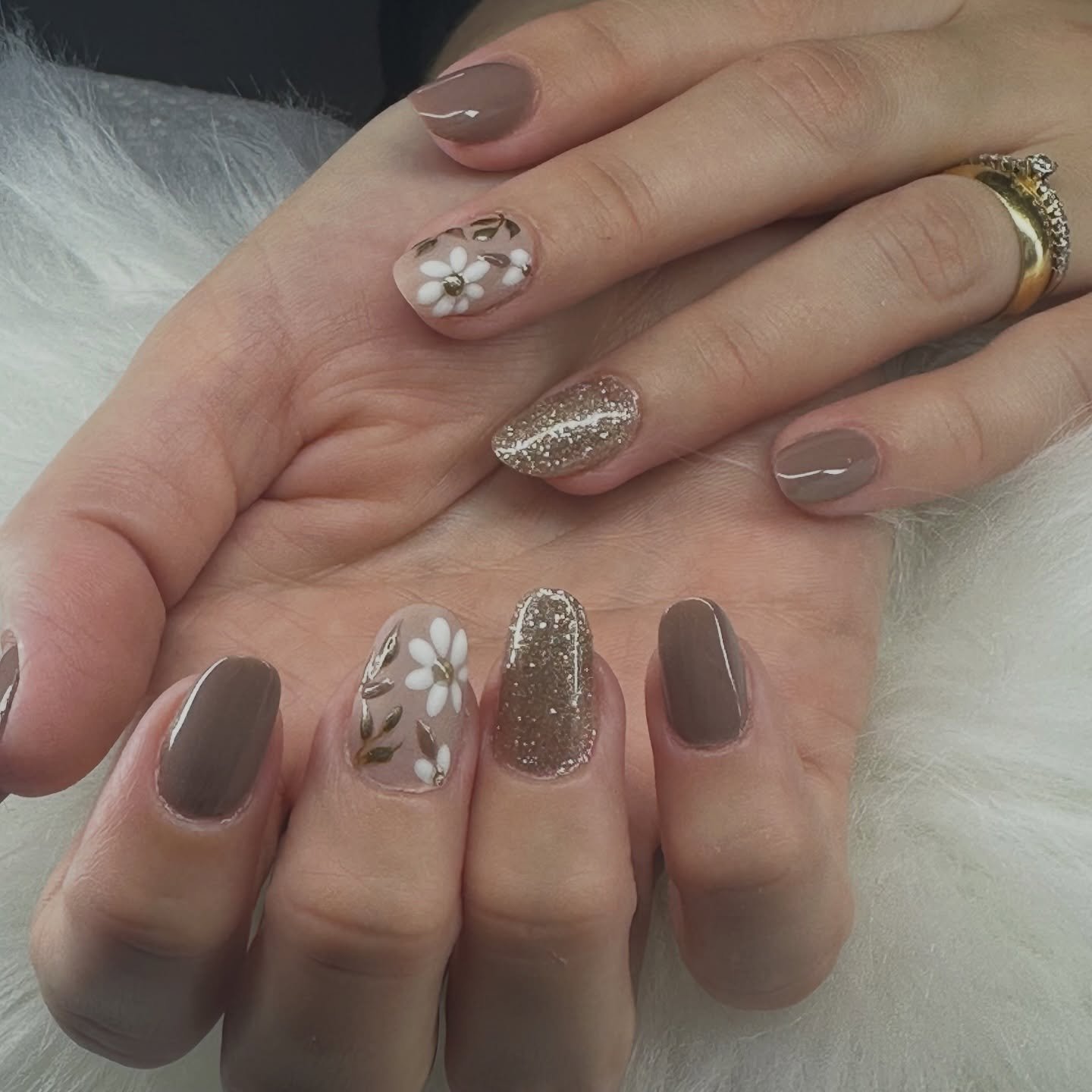 Taupe Nails with Sparkle and Floral Crystal Detail