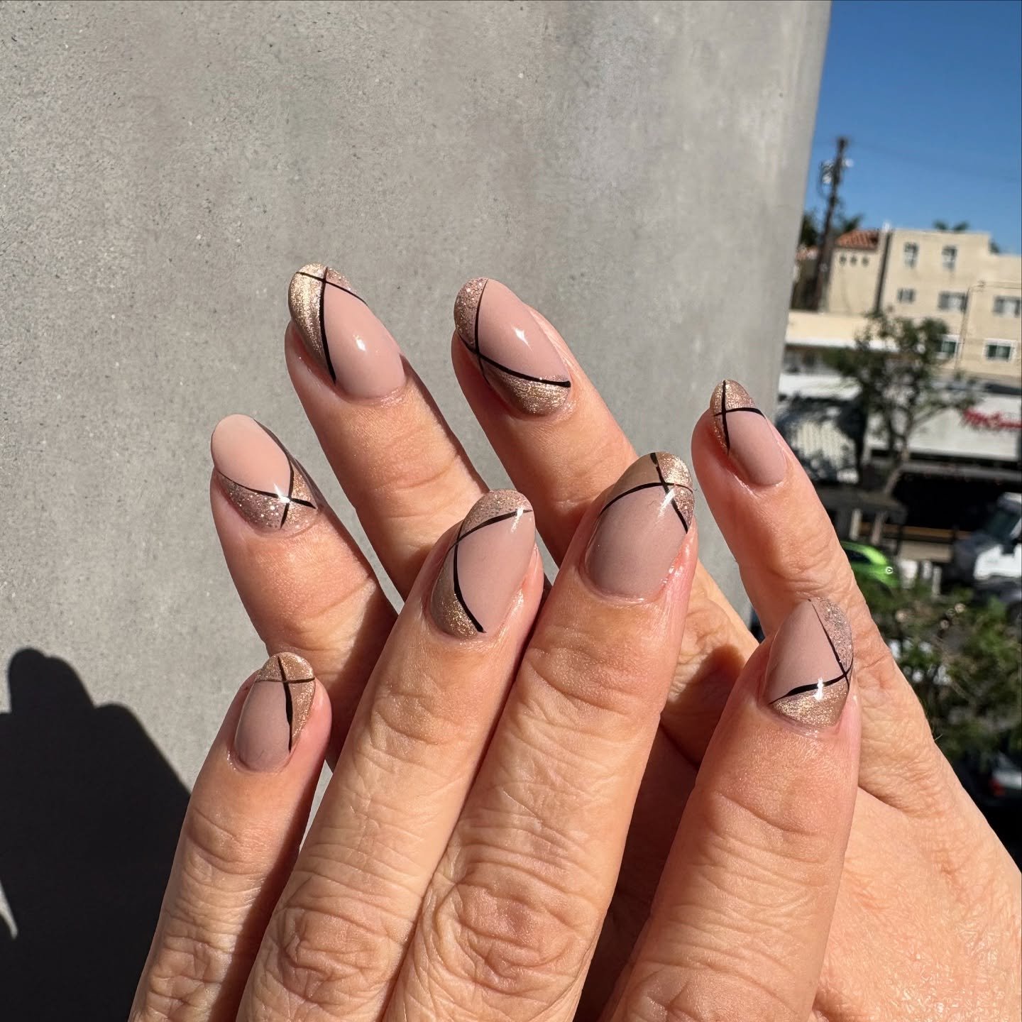 Taupe Almond Nails with Dark Curved French Accents