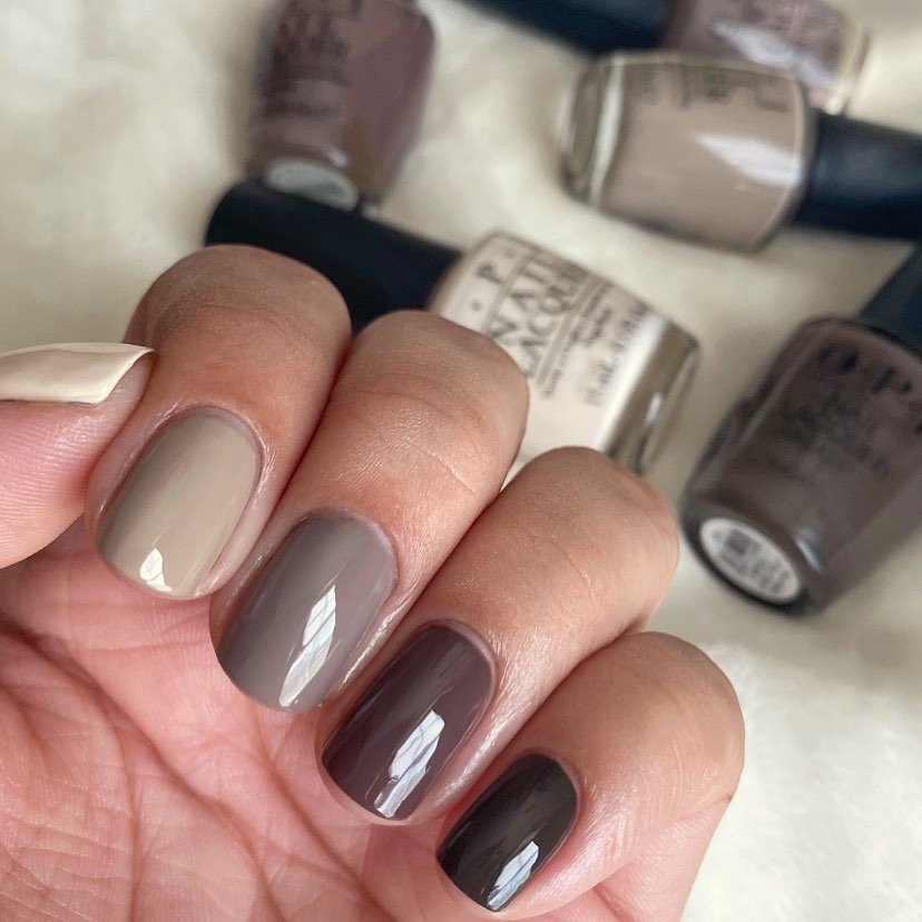 Short Glossy Taupe Nails in a Mixed Neutral Palette