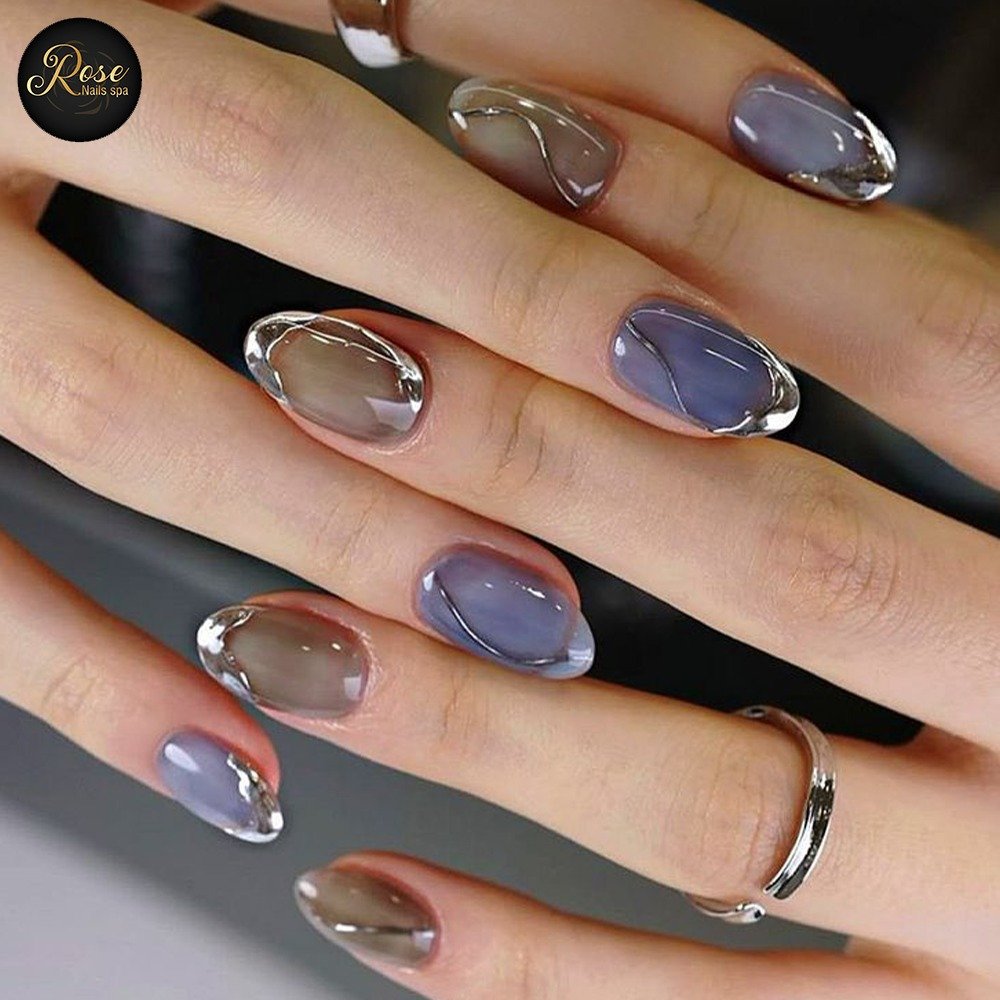 Taupe Nails with Iridescent Brown and Blue Accents