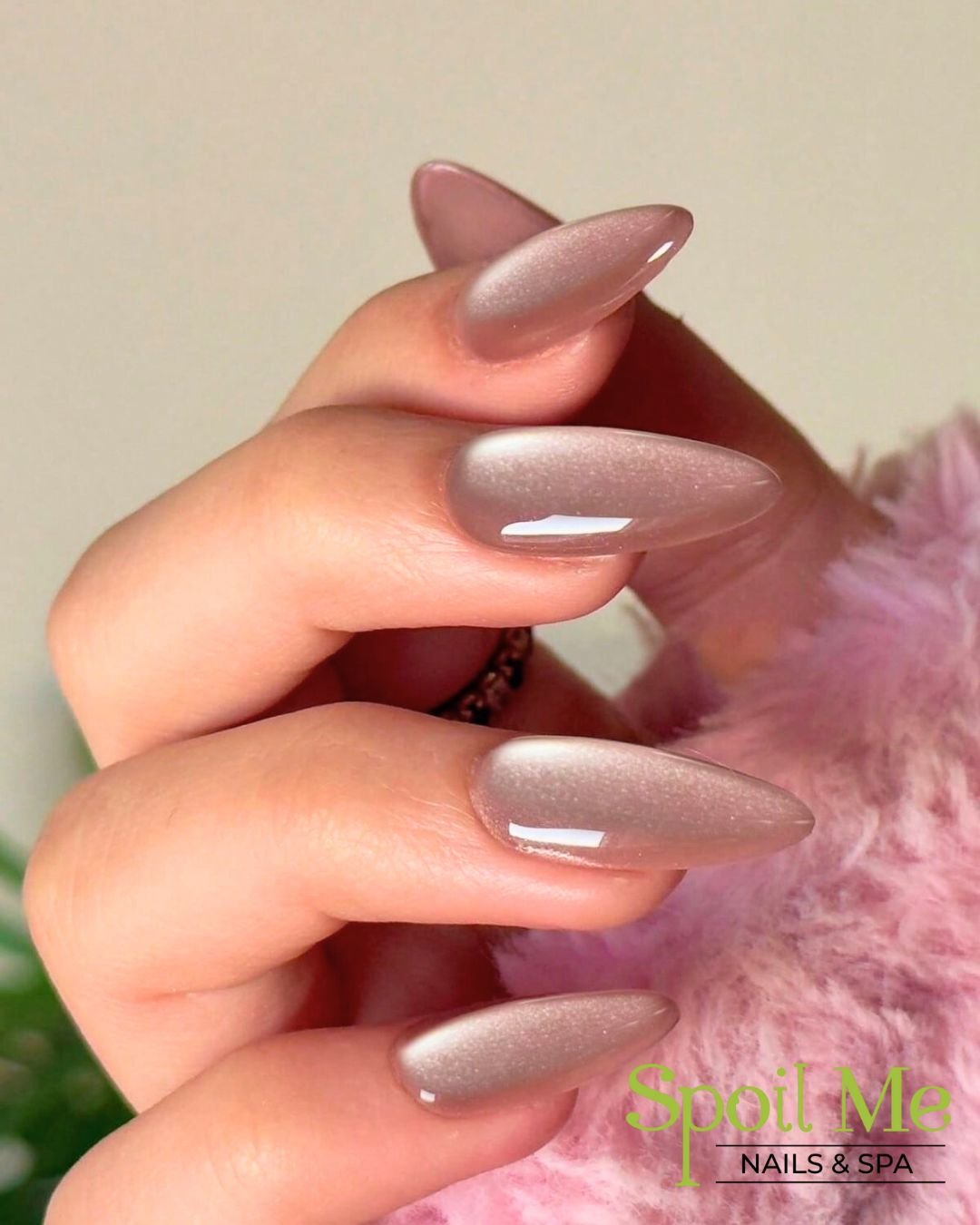 Long Taupe Nails with a Soft Rounded Shape