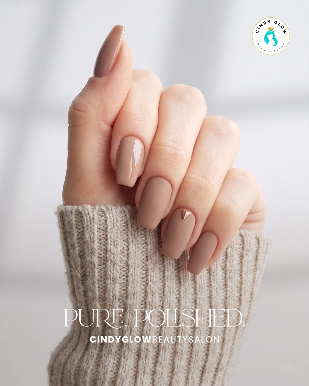 Long Taupe Nails with a Minimal Sweater Detail