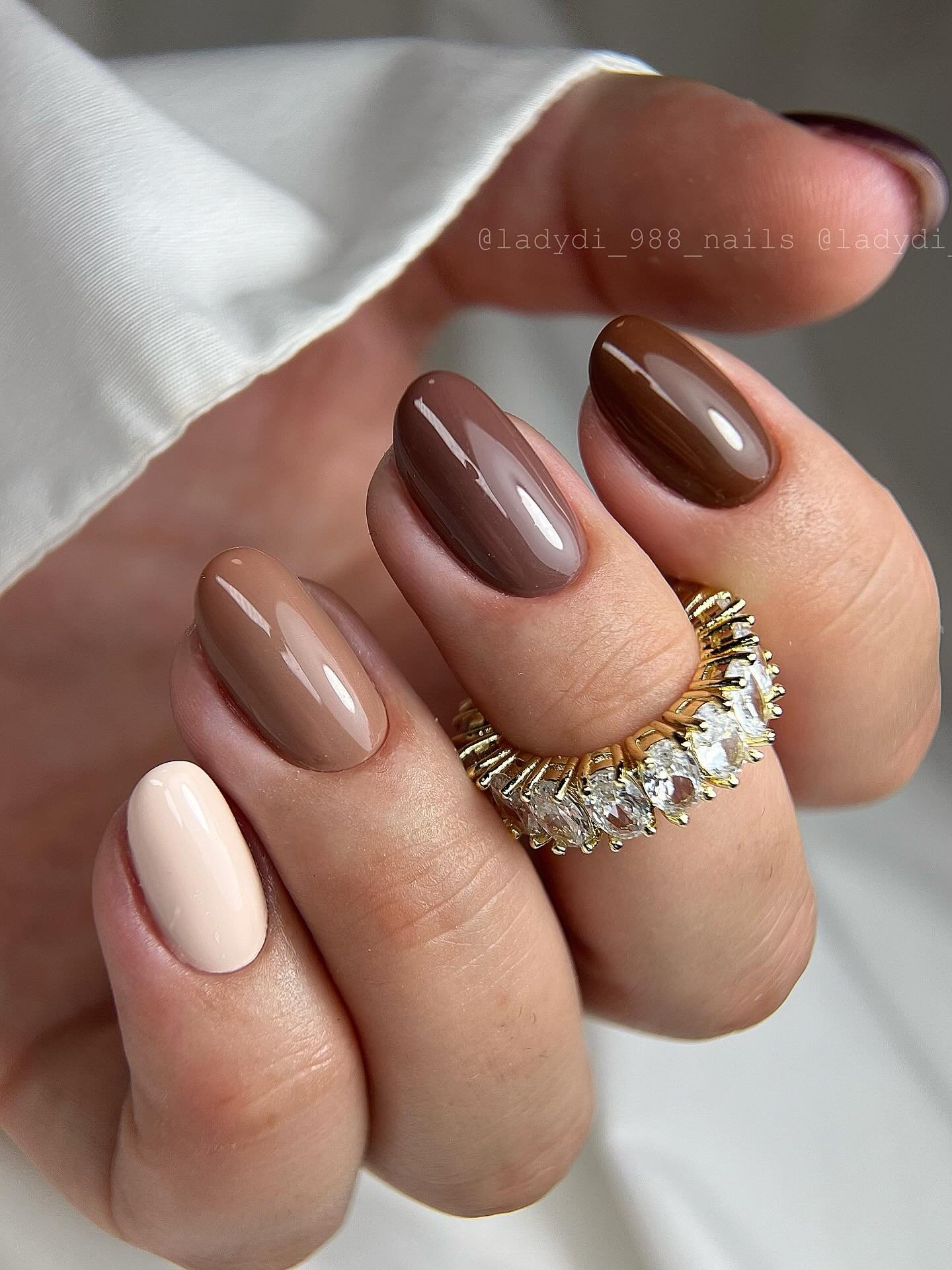 Taupe Nails with Mixed Brown and Gold Details