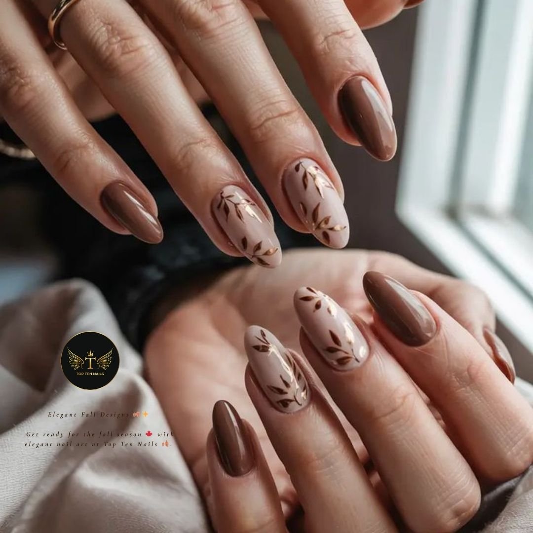 Long Taupe Almond Nails with Subtle Gold-Tipped Details
