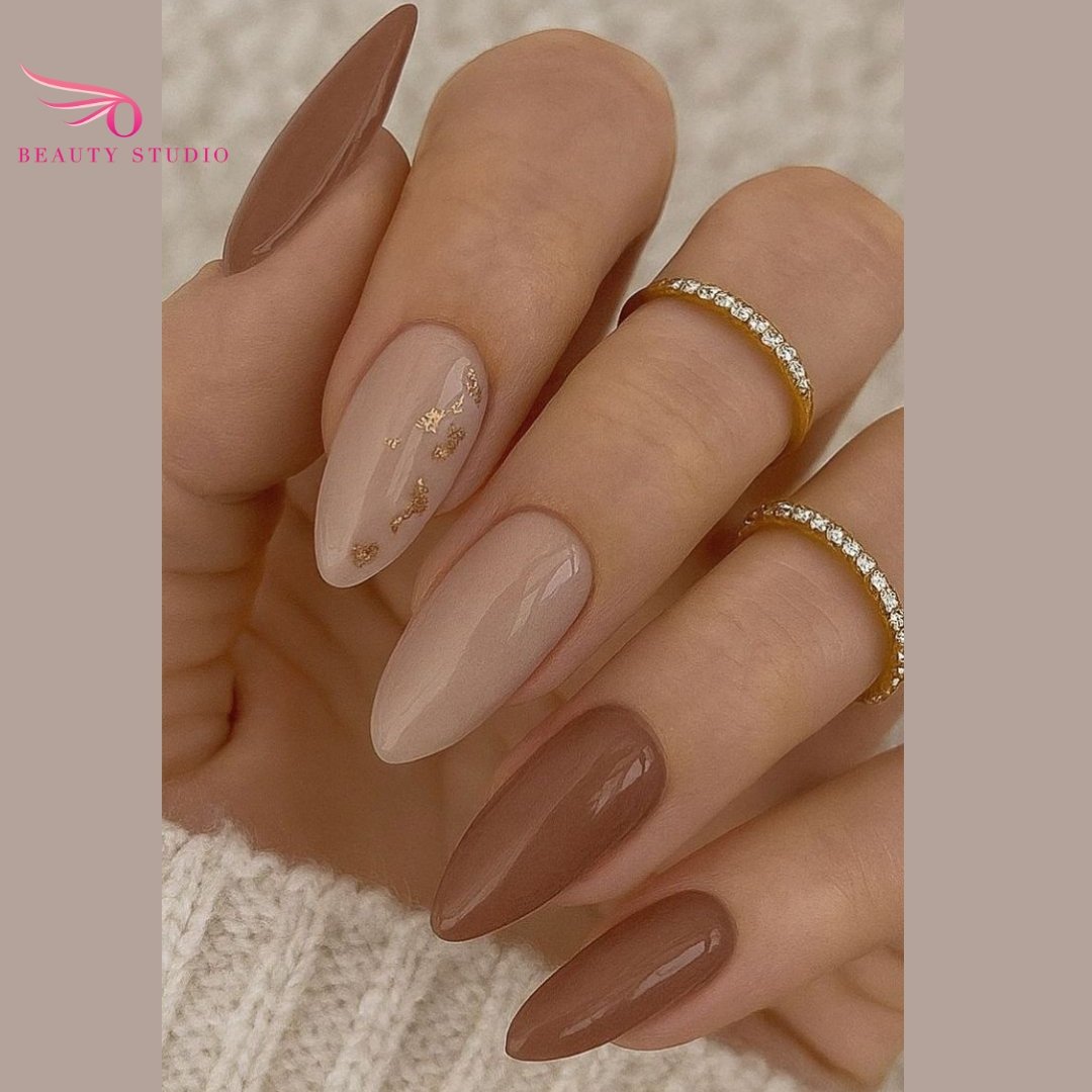 Taupe Nails with Warm Brown and Floral Accents