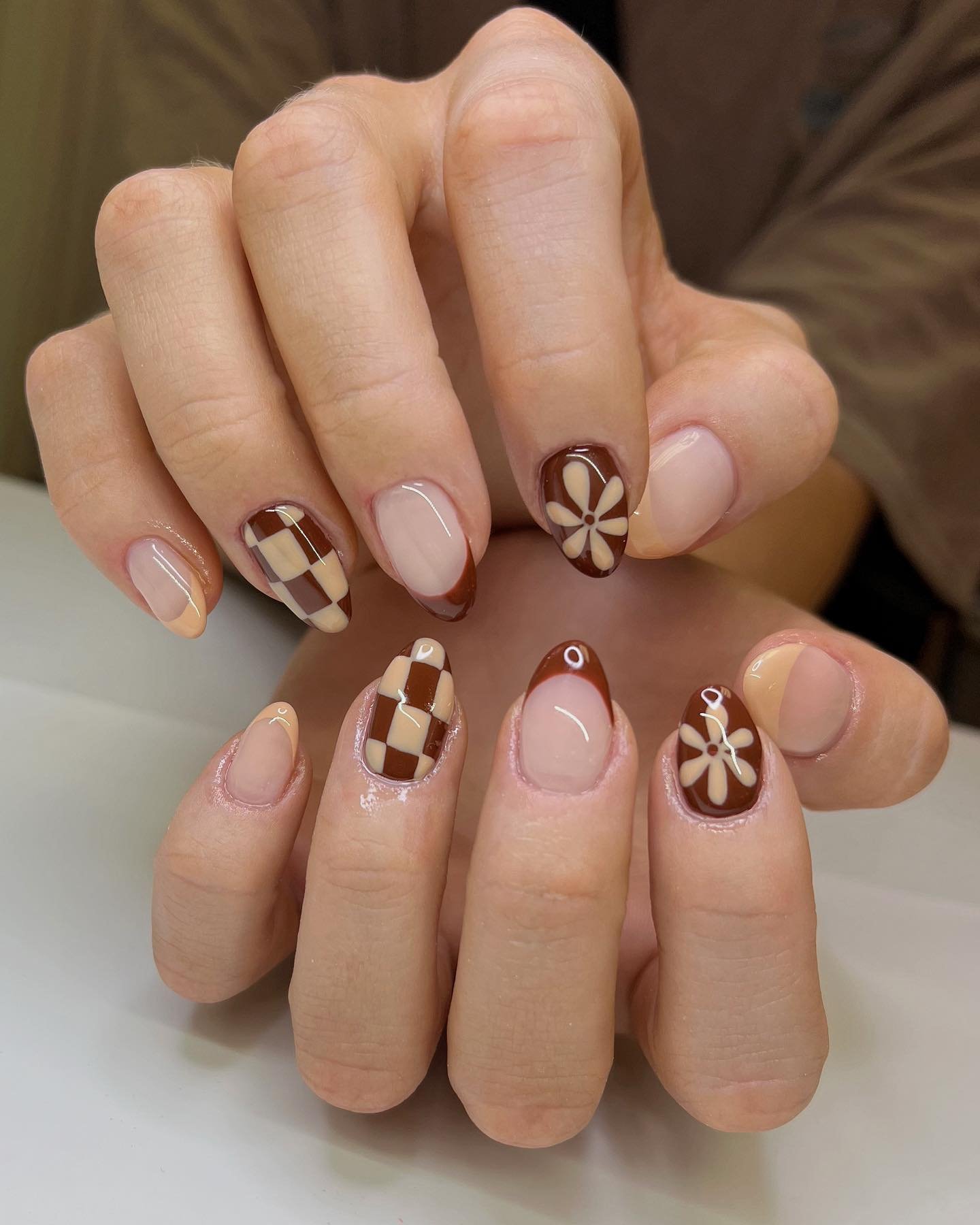 Long Taupe Almond Nails with Layered Neutral Tones