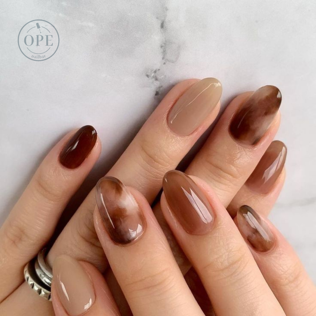 Taupe and Brown Nails with Glossy Contrast