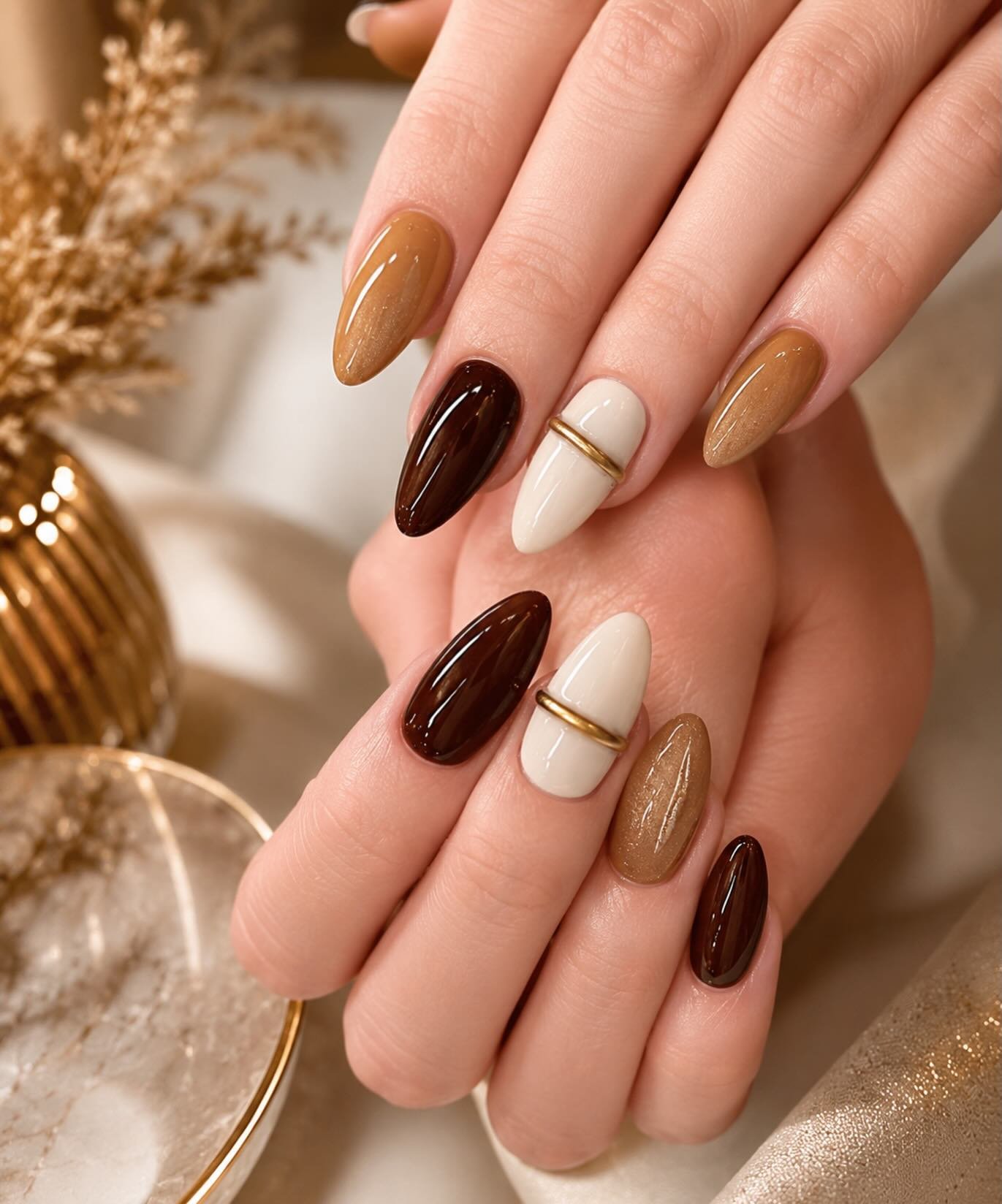 Taupe Nails with Brown Accent Details