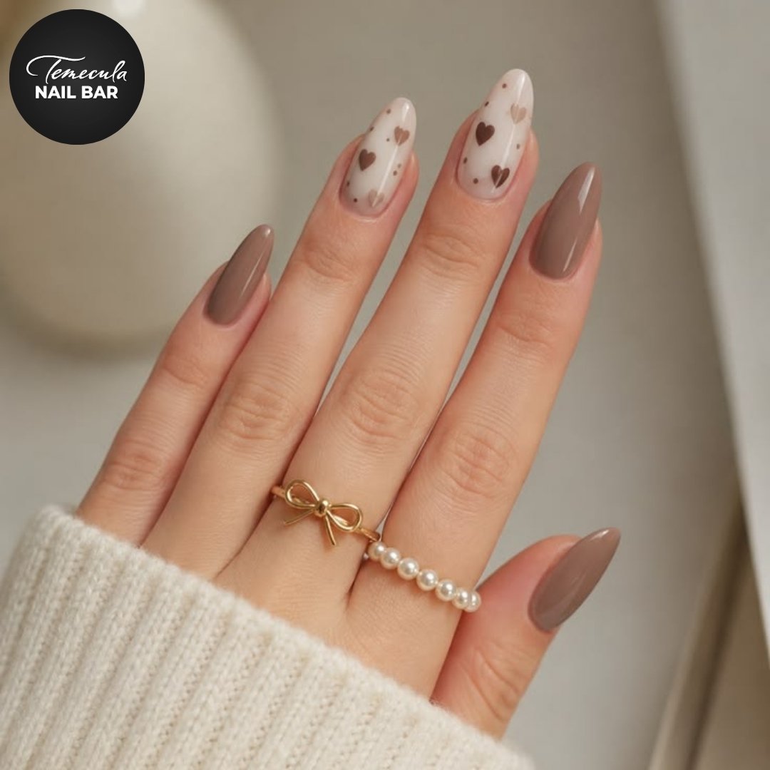Taupe Almond Nails with Fine Gold Lines