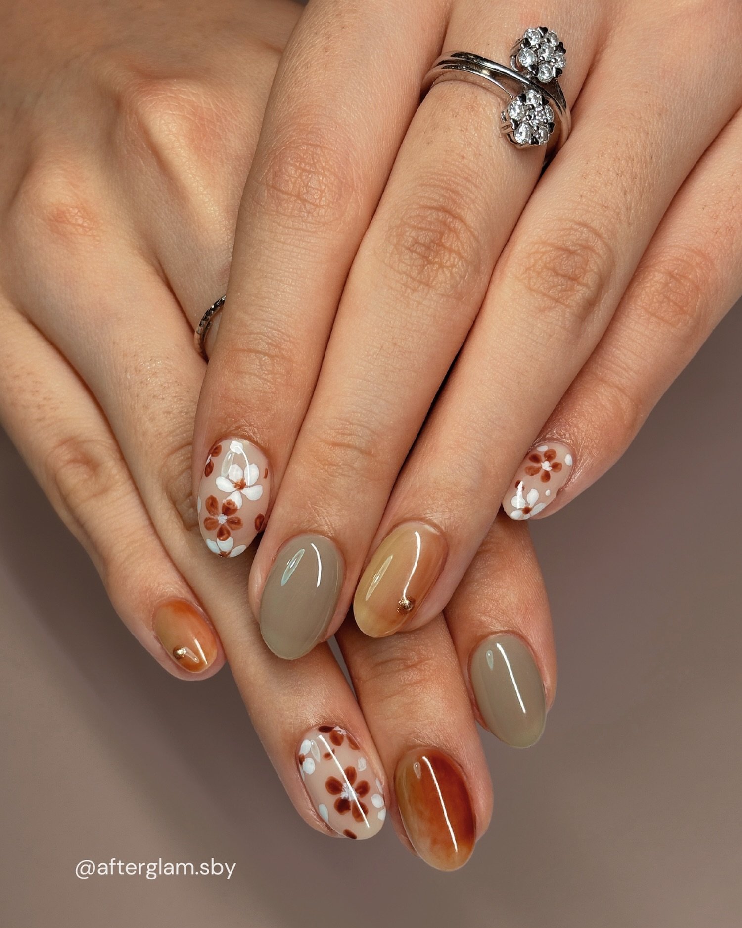 Taupe Nails with Floral and Multicolor Accents