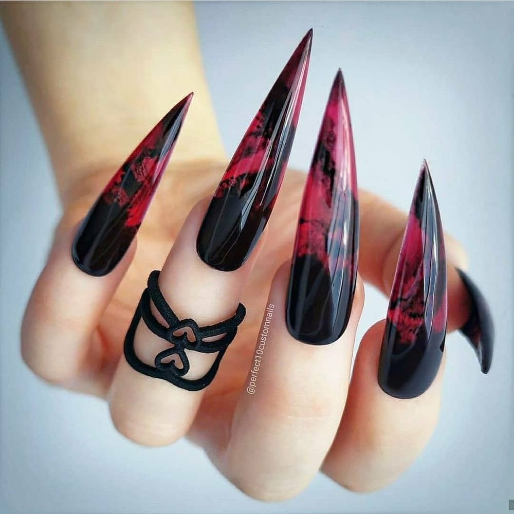 Black Stiletto Nails with Red Marbled Panels