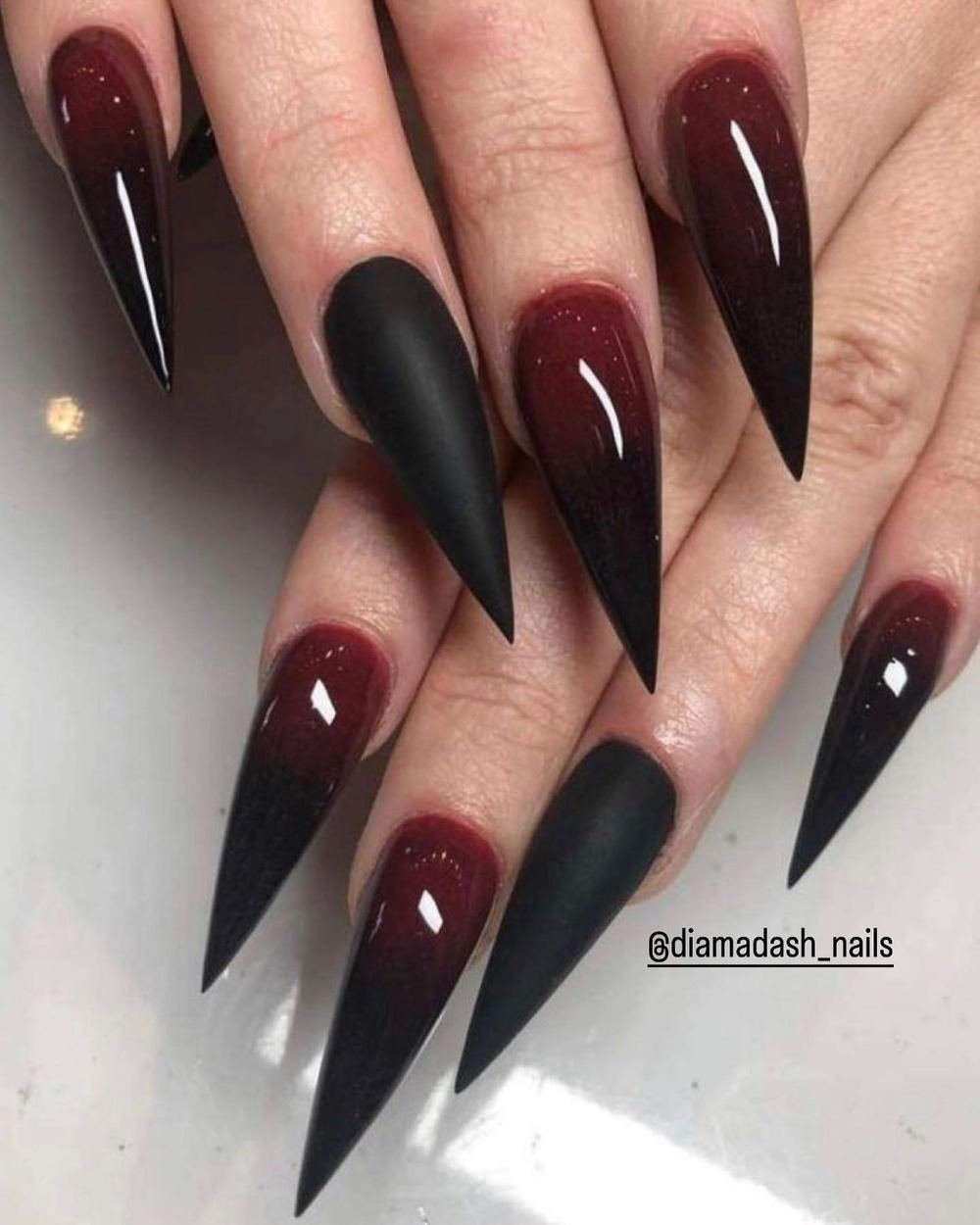 Black and Deep Red Long Stiletto Nails