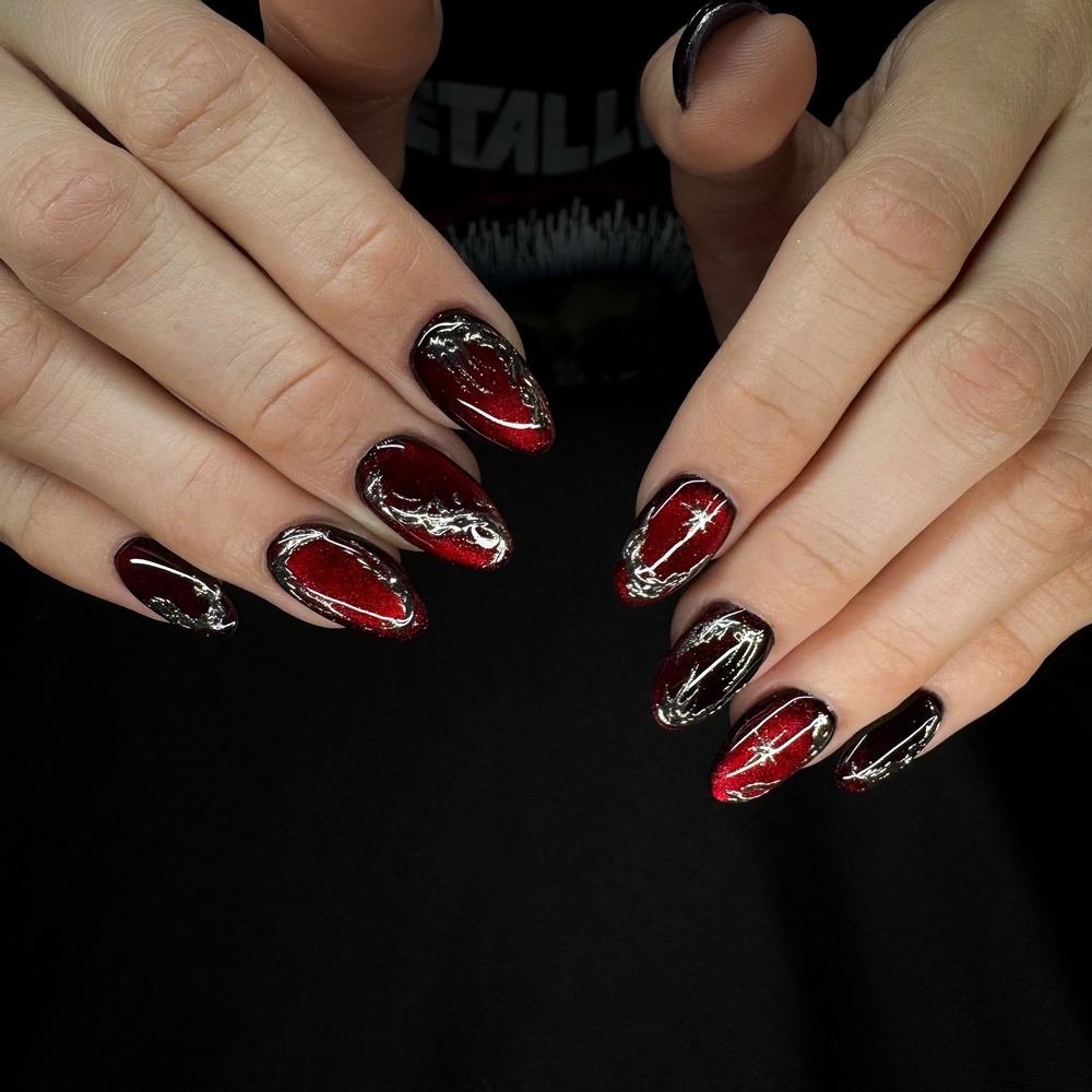 Black and Red Almond Nails with Fine Silver Accents