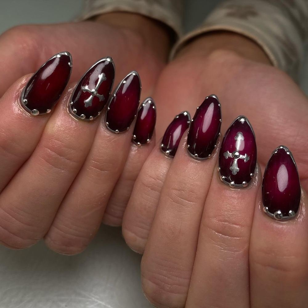 Deep Burgundy Almond Nails with Tiny Silver Accents