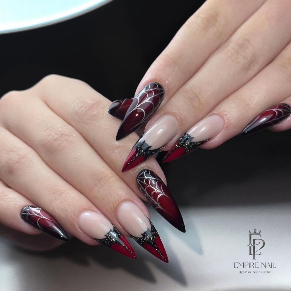 Sheer Pink and Burgundy Stiletto Nails with Graphic Lines