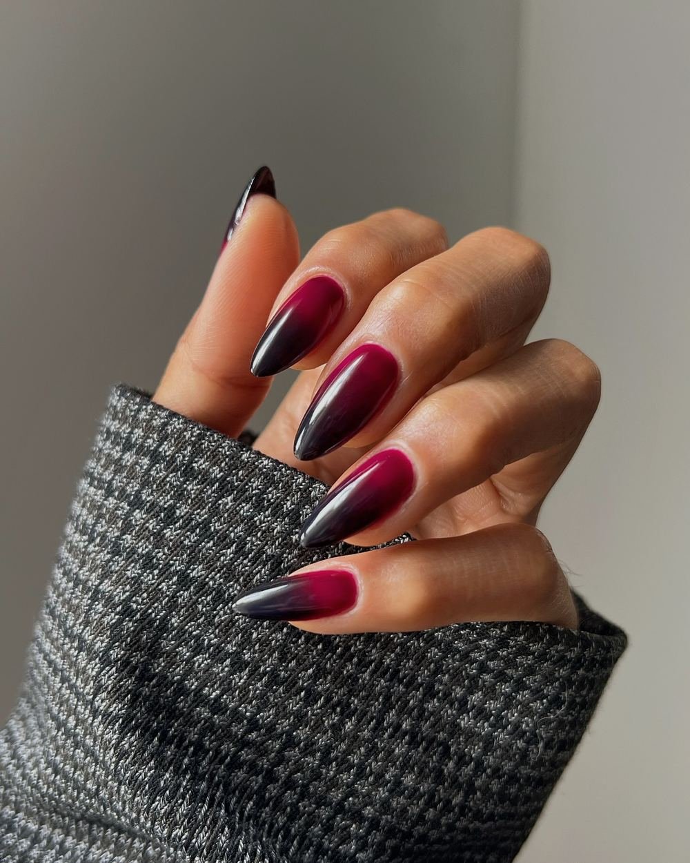 Deep Berry Almond Nails with Black Tips