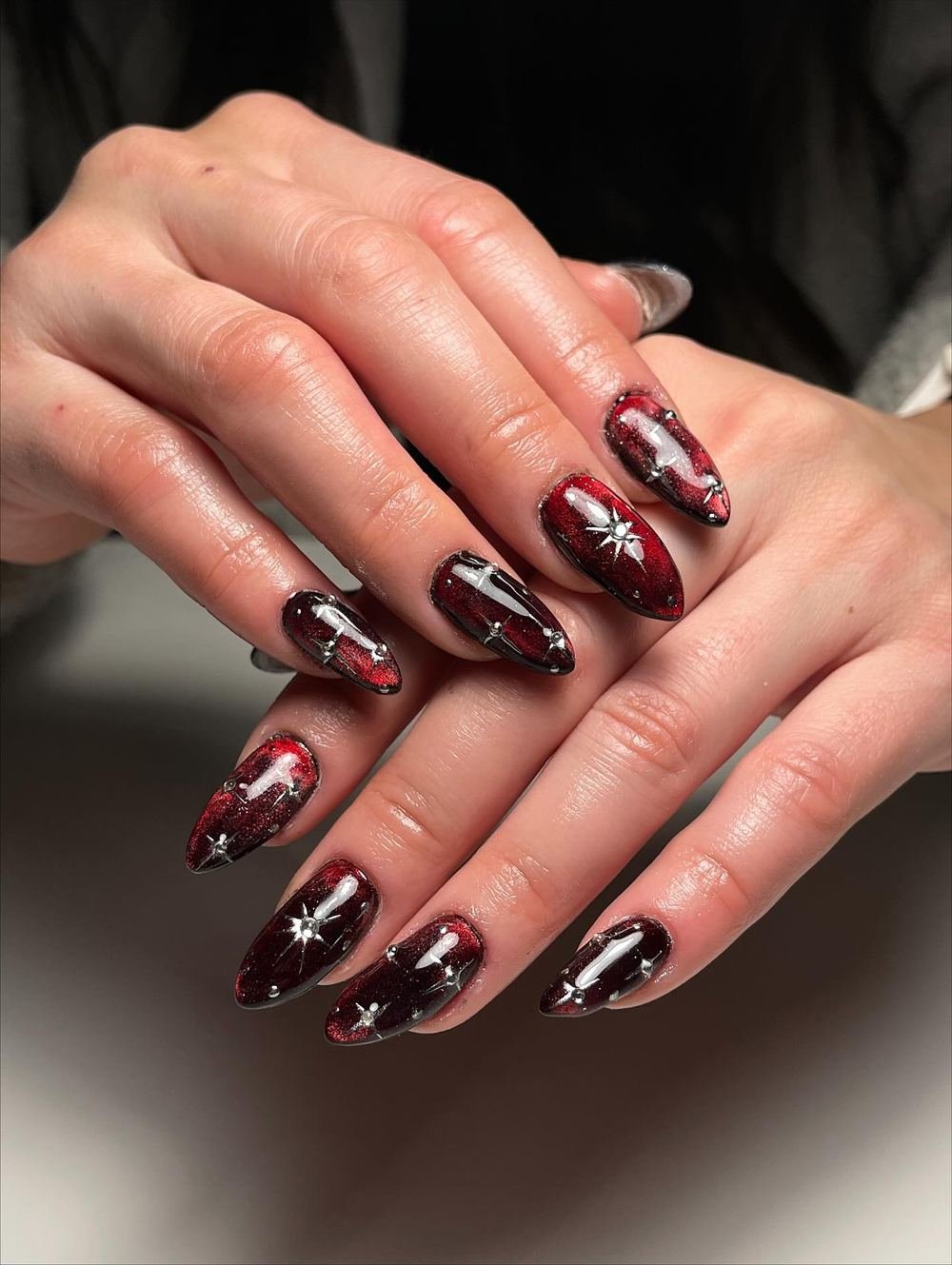 Black, Red and Silver Embellished Stiletto Nails