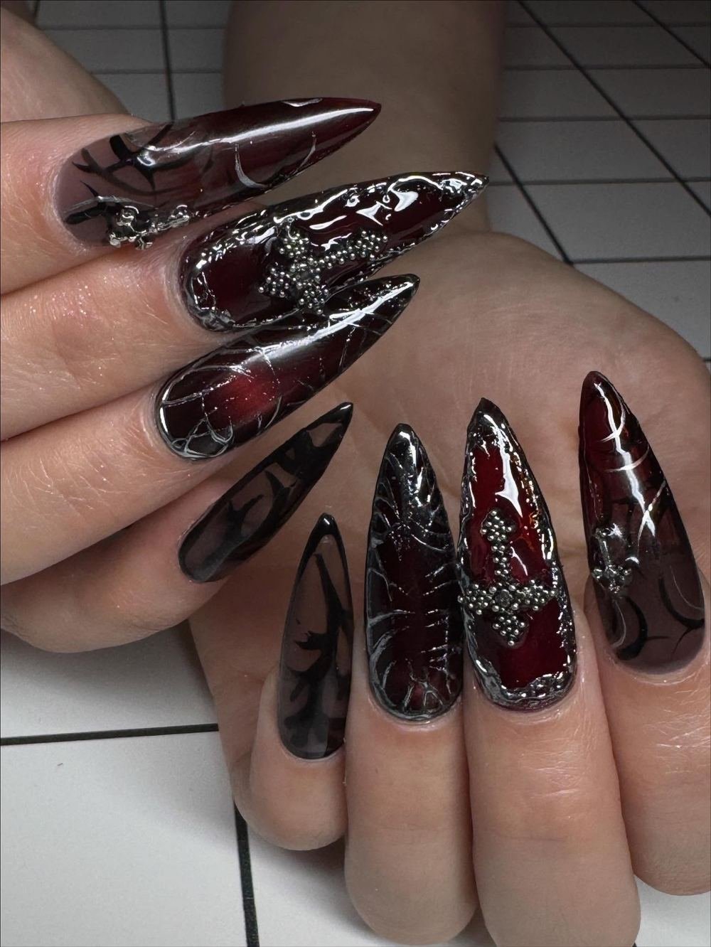 Dark Red and Black Ornate Stiletto Nails