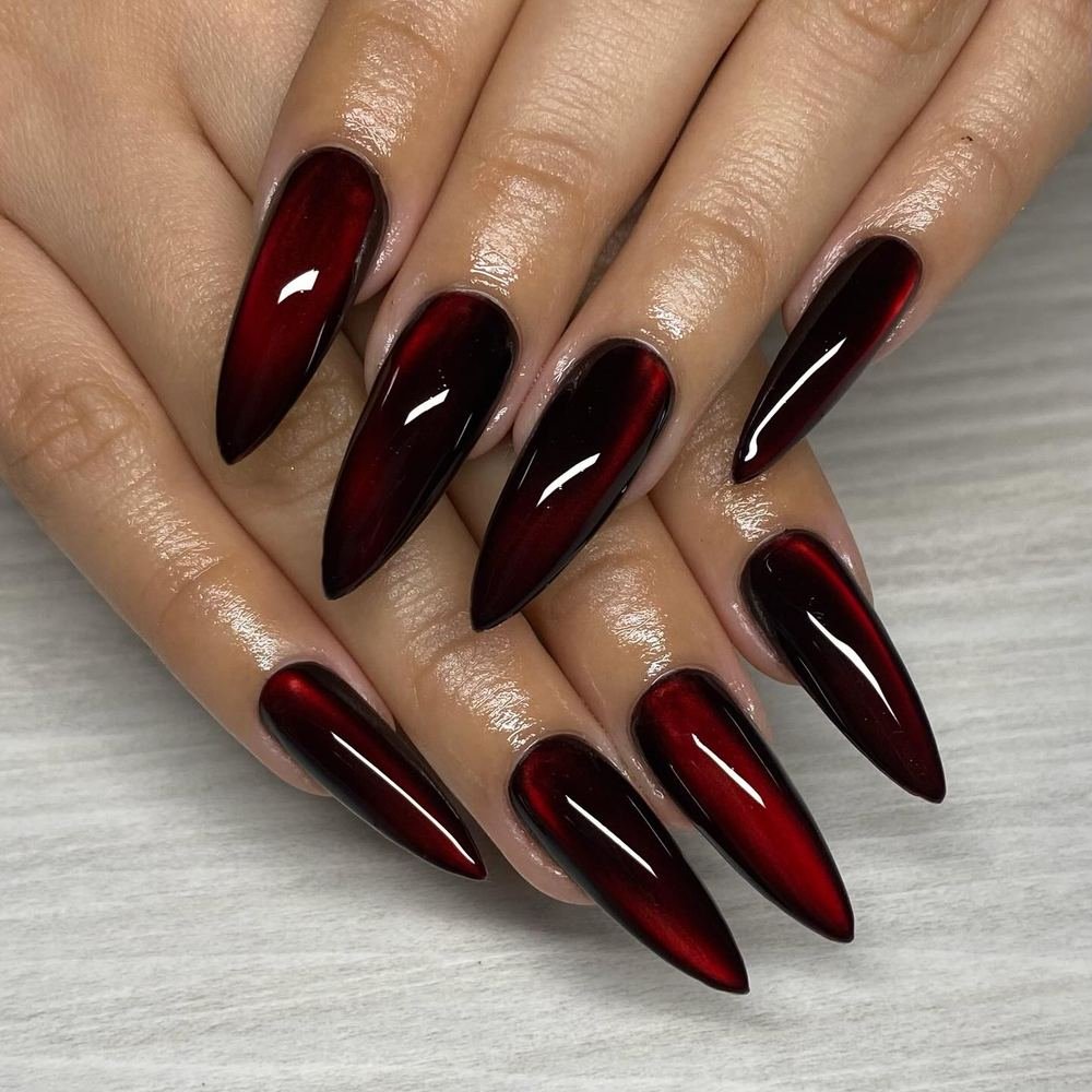 Glossy Black and Deep Red Almond Nails