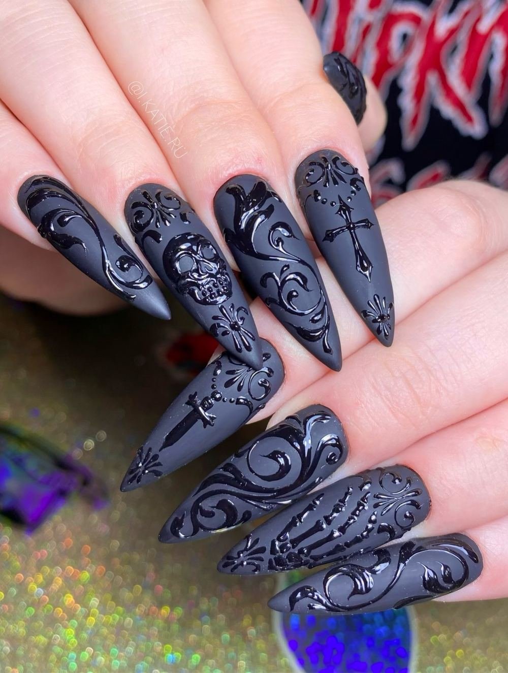 Slate Blue Stiletto Nails with Ornate Black Linework
