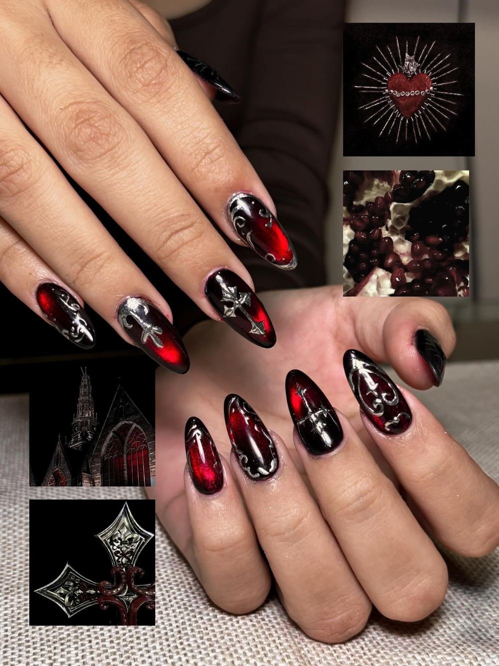 Black and Red Almond Nails with Silver Graphic Accents
