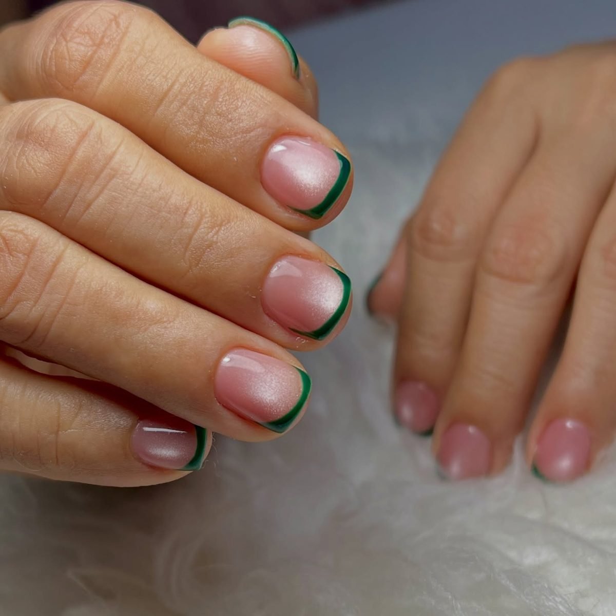 Pink Nails with Green French Tips
