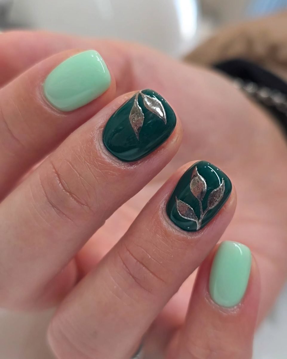 Mint Green and Deep Green Swirl Nails