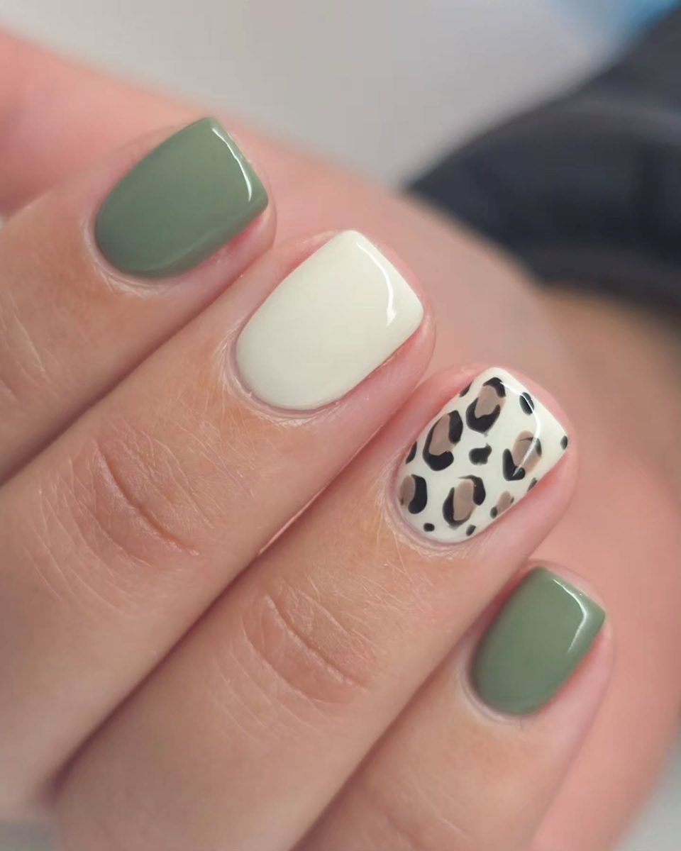 Sage Green, Cream, and Leopard Accent Nails