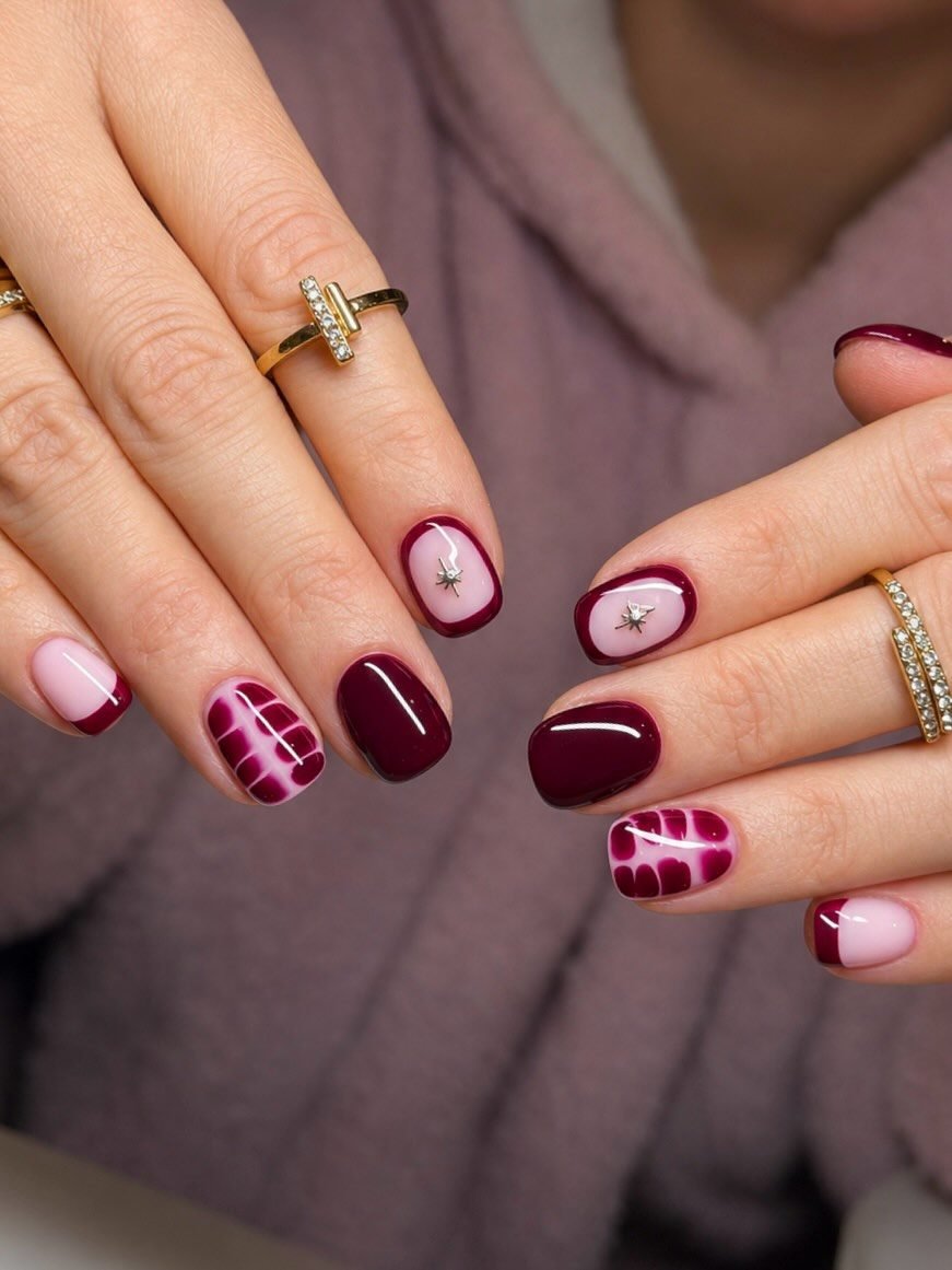 Burgundy and Pink Short Nails with Stripe Details