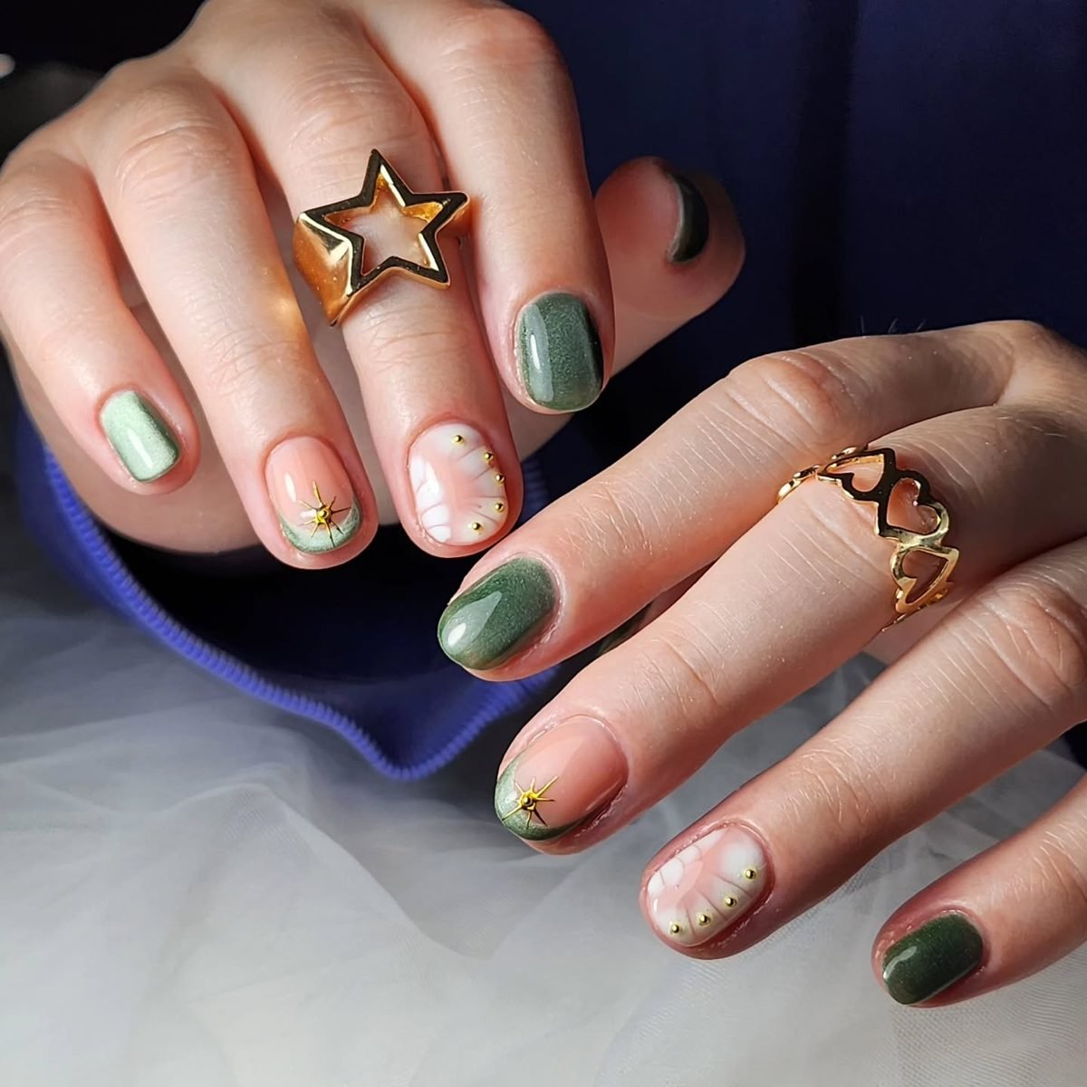Green and Cream Nails with Gold and Floral Details
