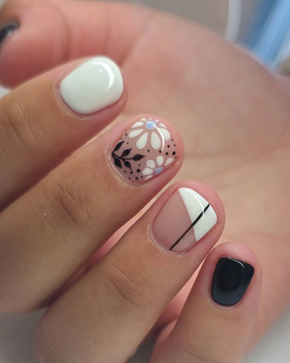 Cream and Pink Nails with Floral and Line Art Accents