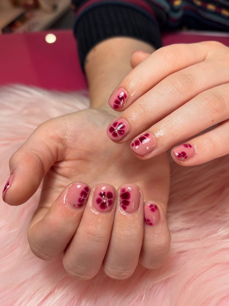 Pink Short Nails with Small Floral Details