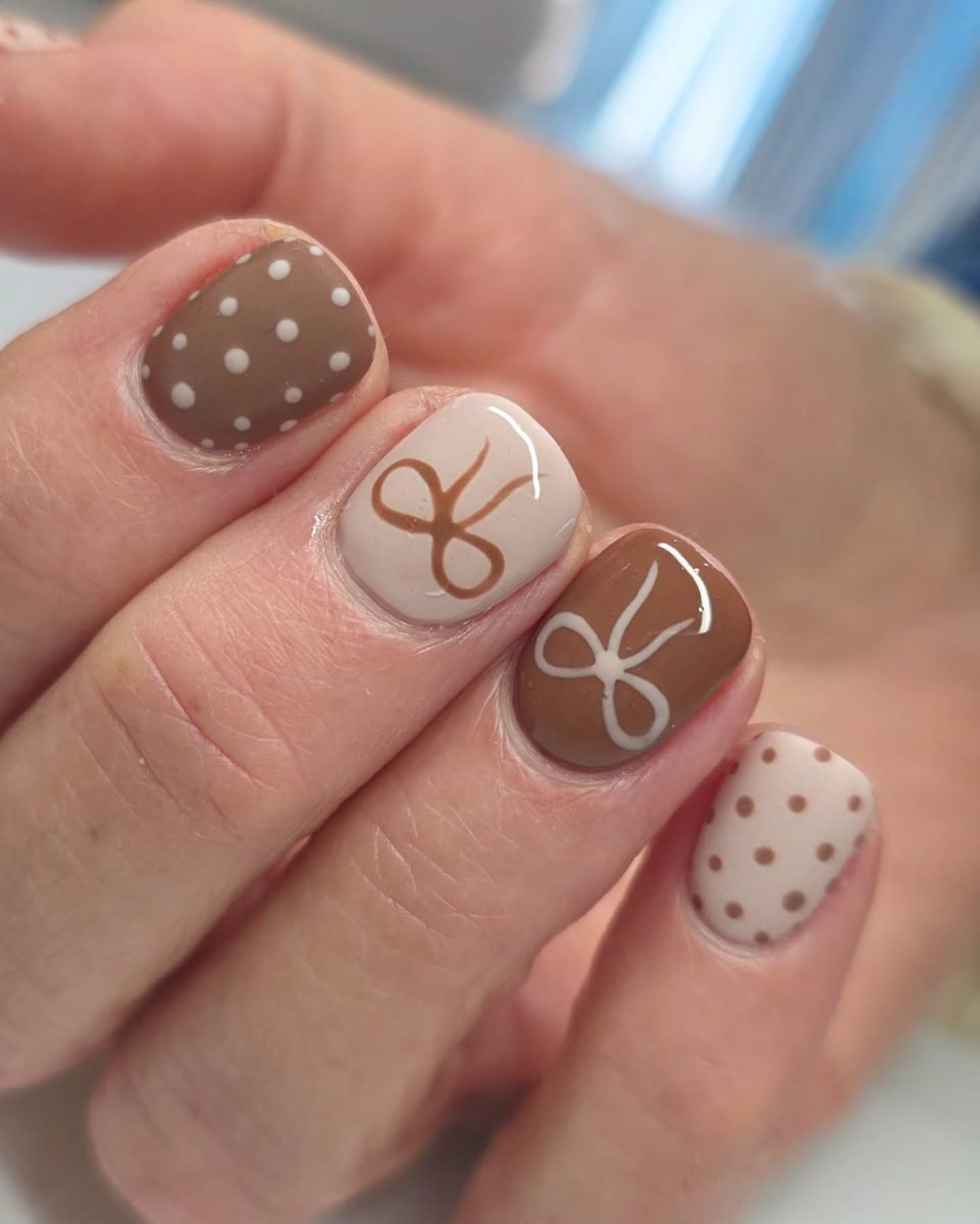Taupe and Cream Nails with Loop and Dot Designs