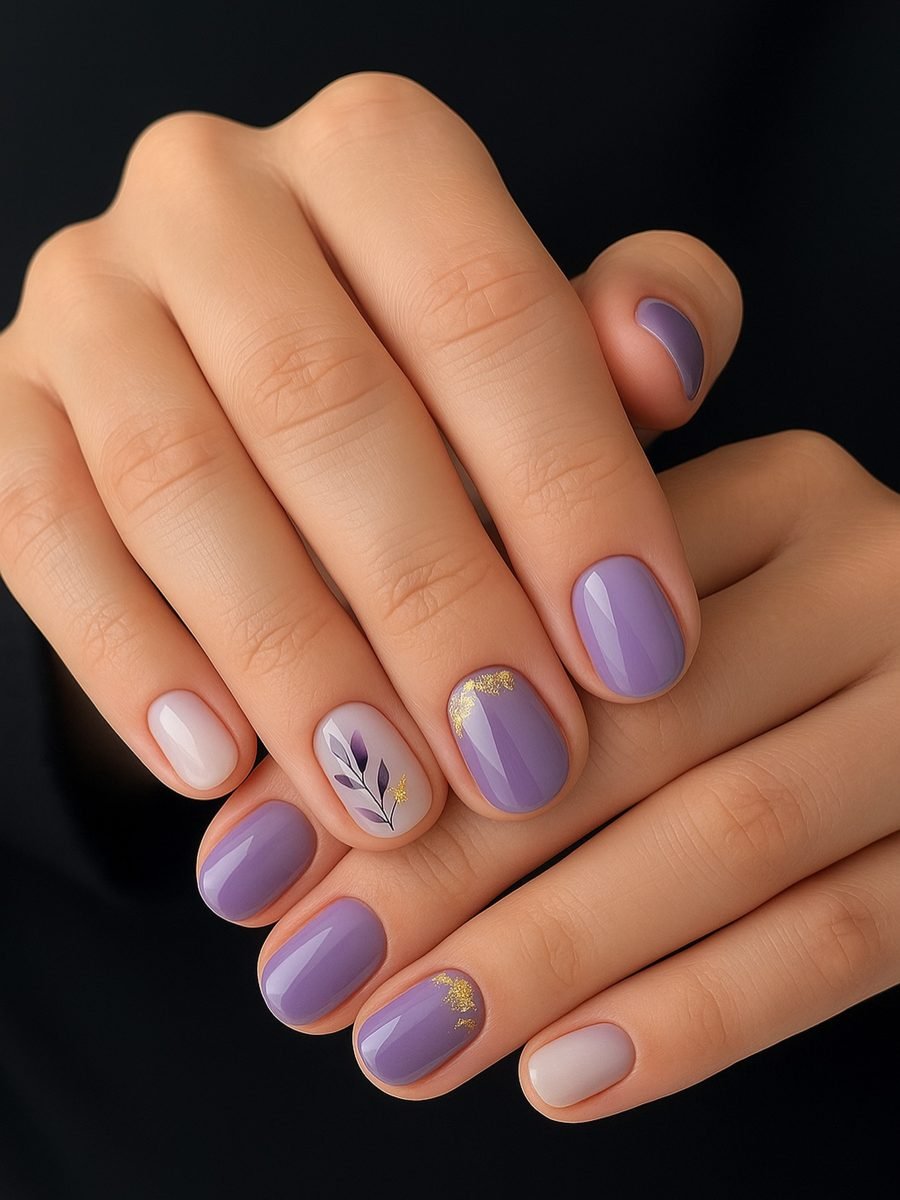 Lavender and Nude Short Nails with Floral Accent