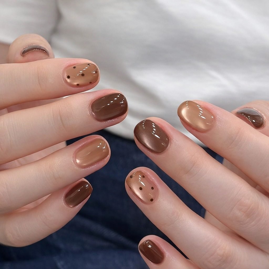 Nude and Brown Nails with Tiny Dot Details