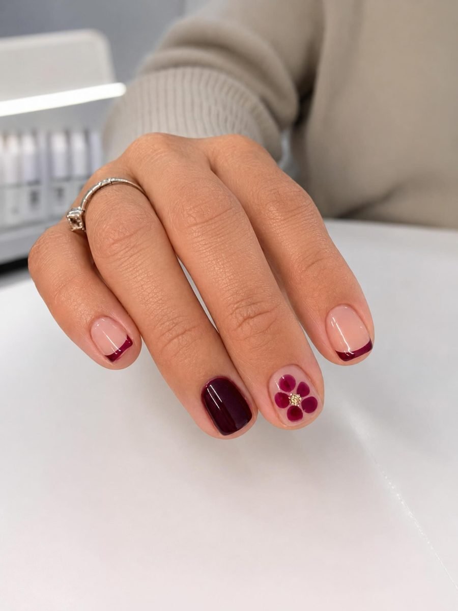 Natural Pink Nails with Burgundy Floral Accents
