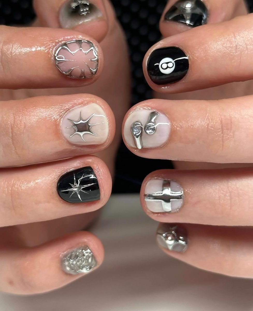 Black and Silver Short Nails with Graphic Details