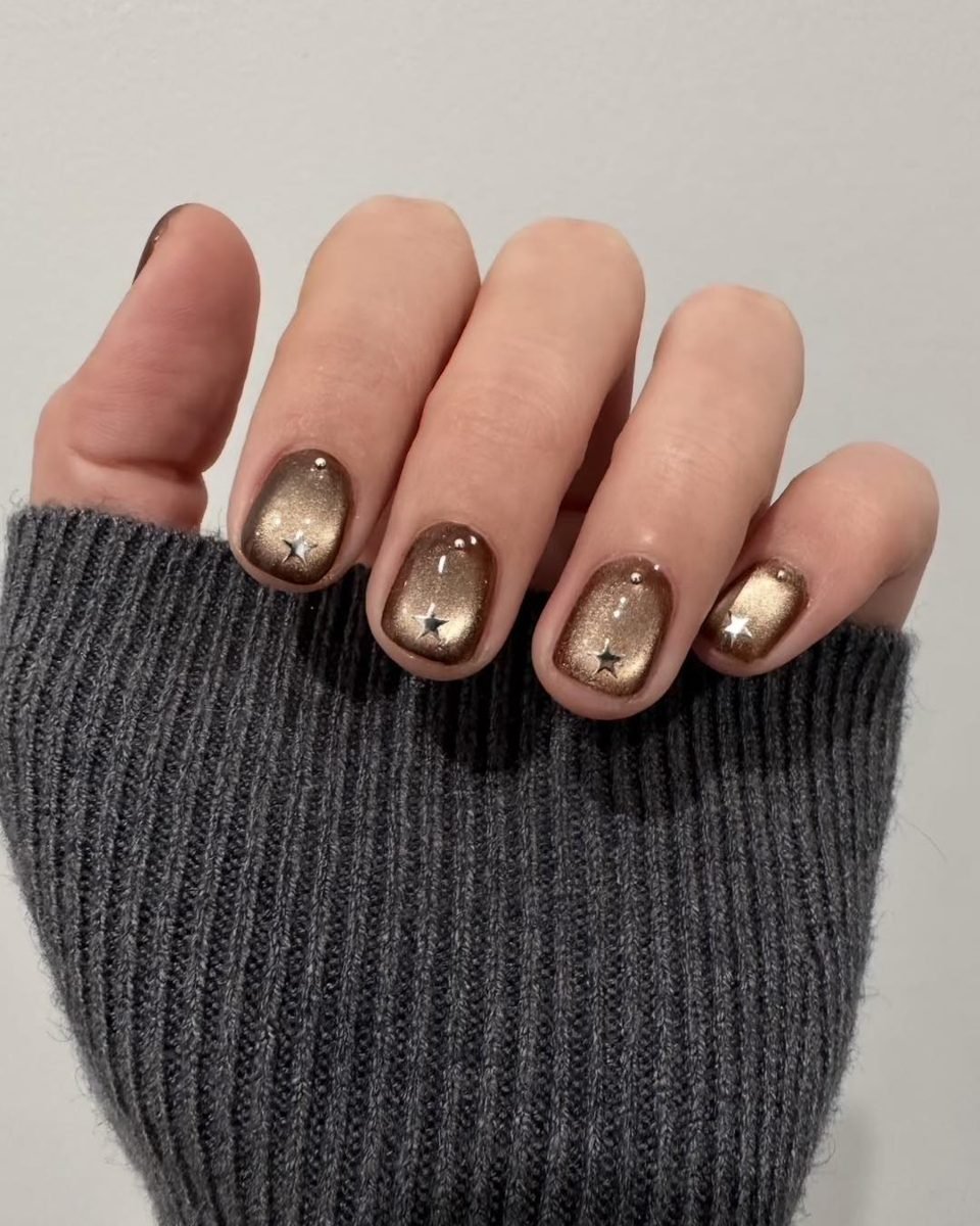 Nude Nails with Brown and Gold Accent Details