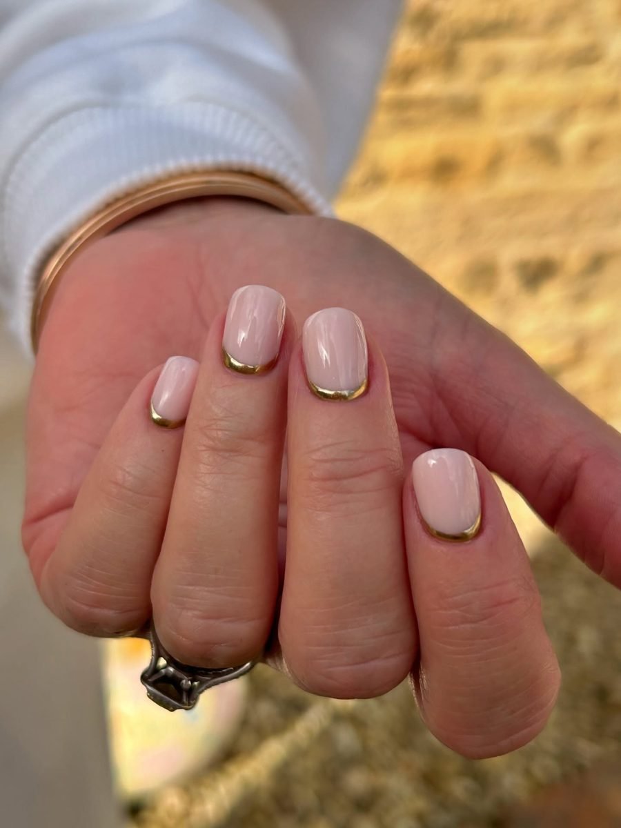 Nude Short Nails with Gold French Accents