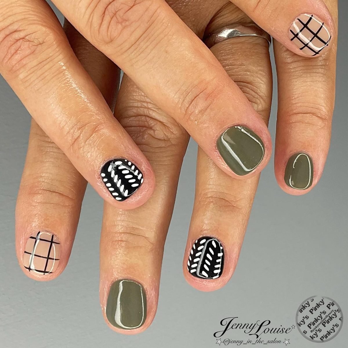Olive, Black, and Graphic Short Nails