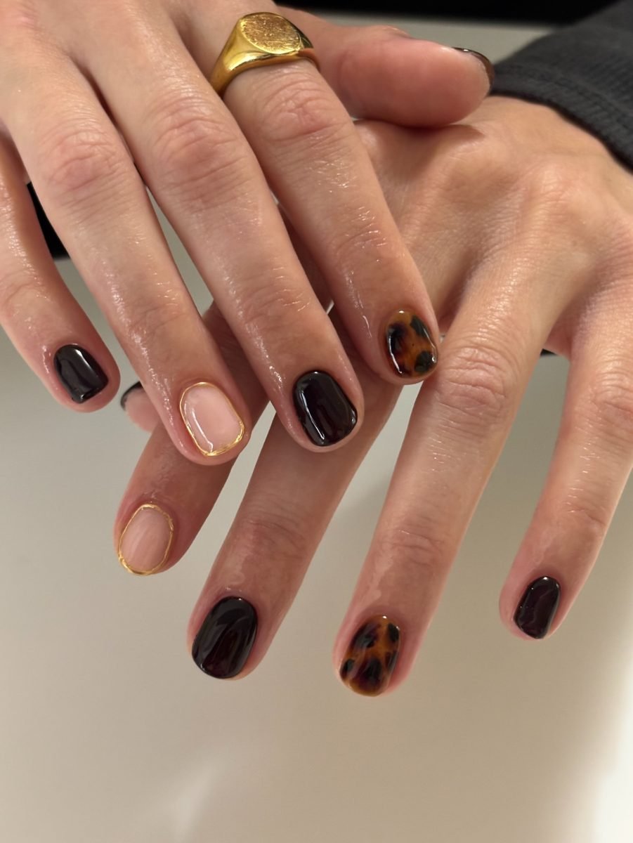Deep Brown Short Nails with Mixed Accents
