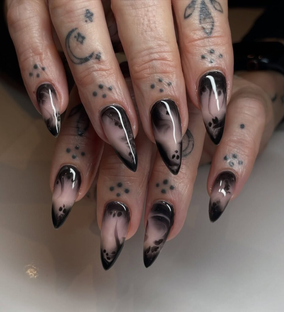 Black Stiletto Nails with Smoky Gray and Silver Accents