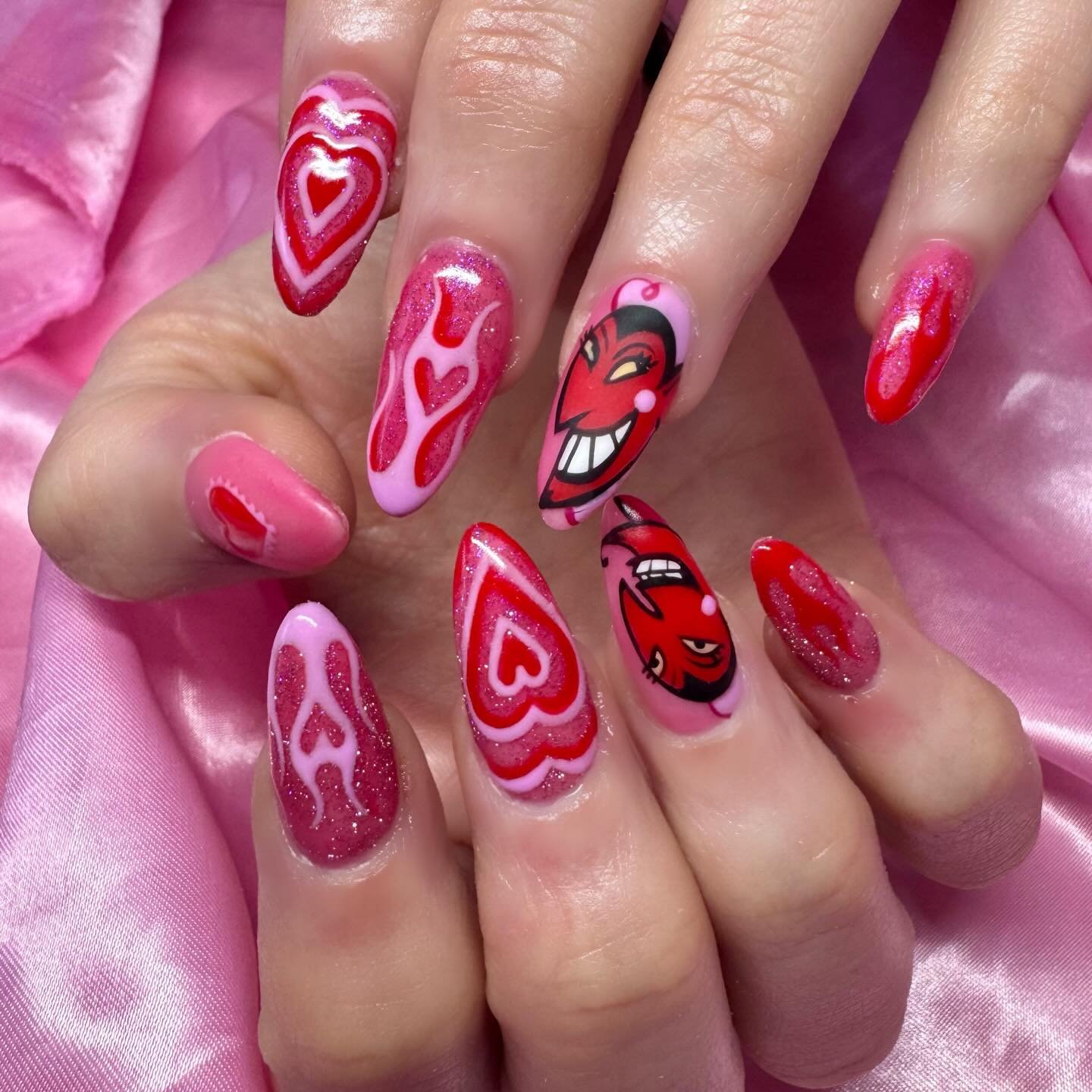 Pink and Red Heart-Themed Nail Art