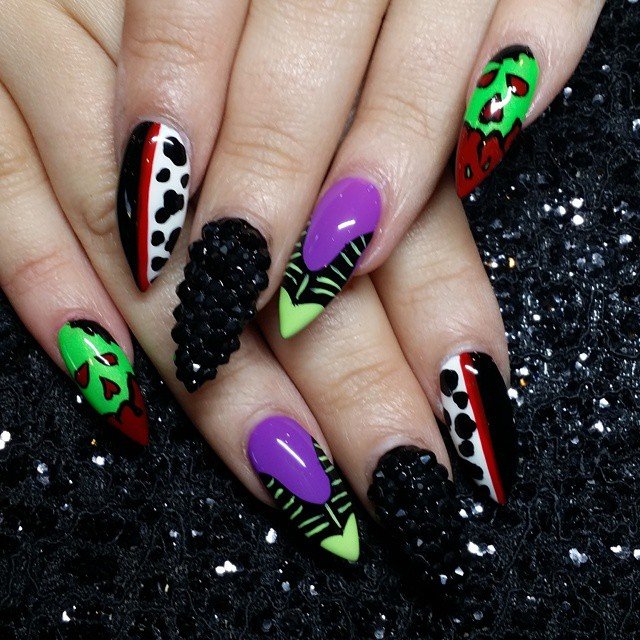 Black and Purple Nails with Neon Green Graphic Art