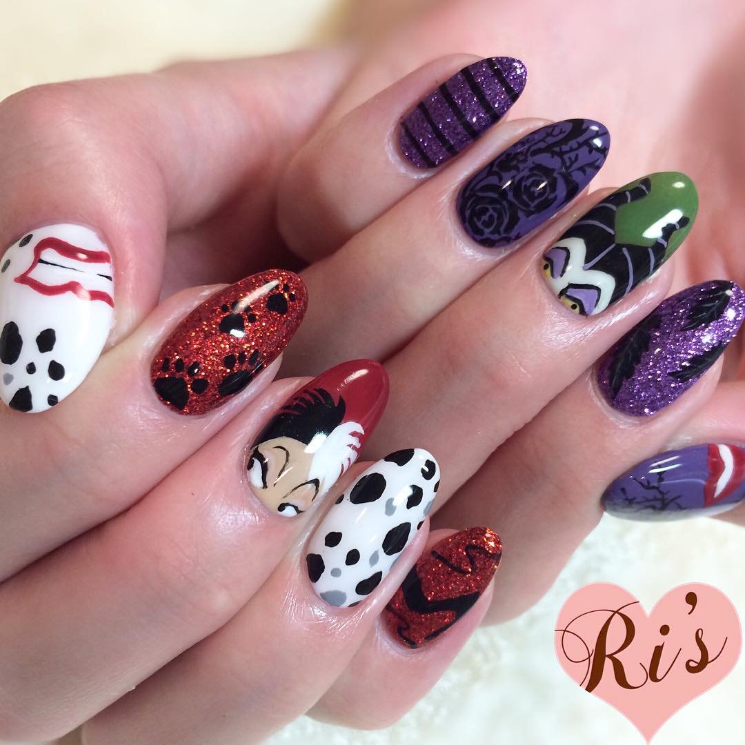 Purple, Black, Red, and White Character Nail Art